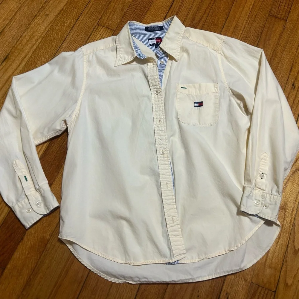 Vintage 1990's Tommy Hilfiger Shirt Button Up Long Sleeve Boy 14 Pale Yellow